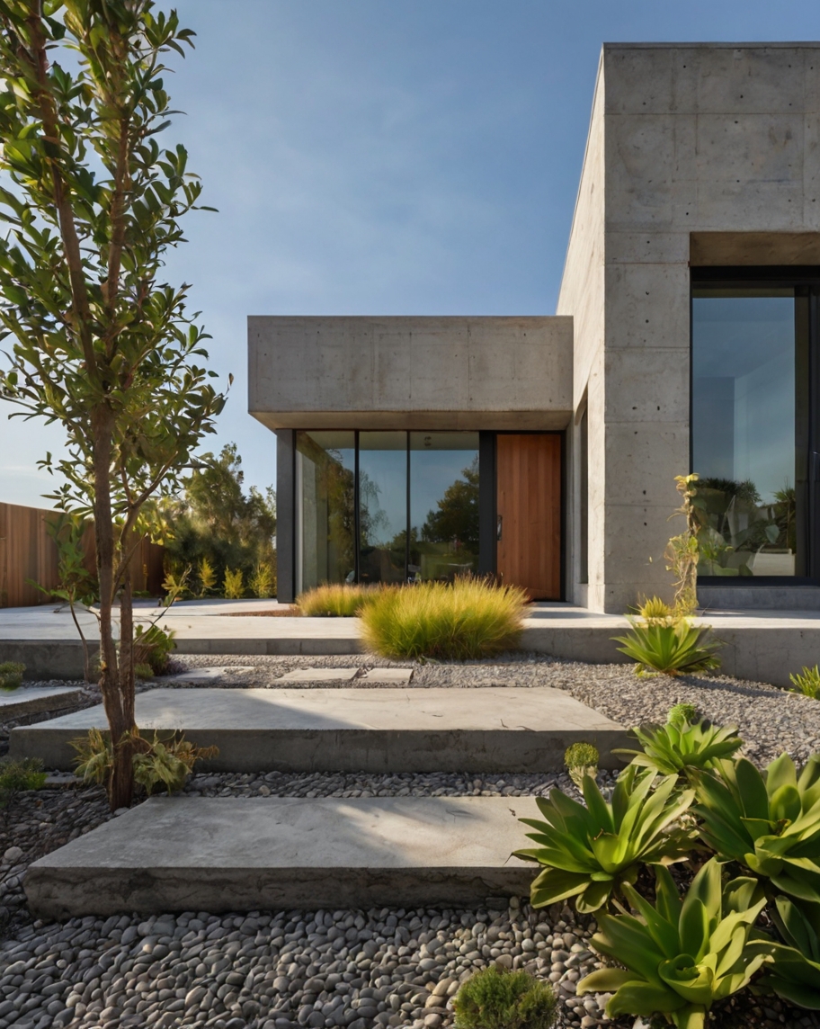 Default minimalist concrete house with front yard rocks garden 1