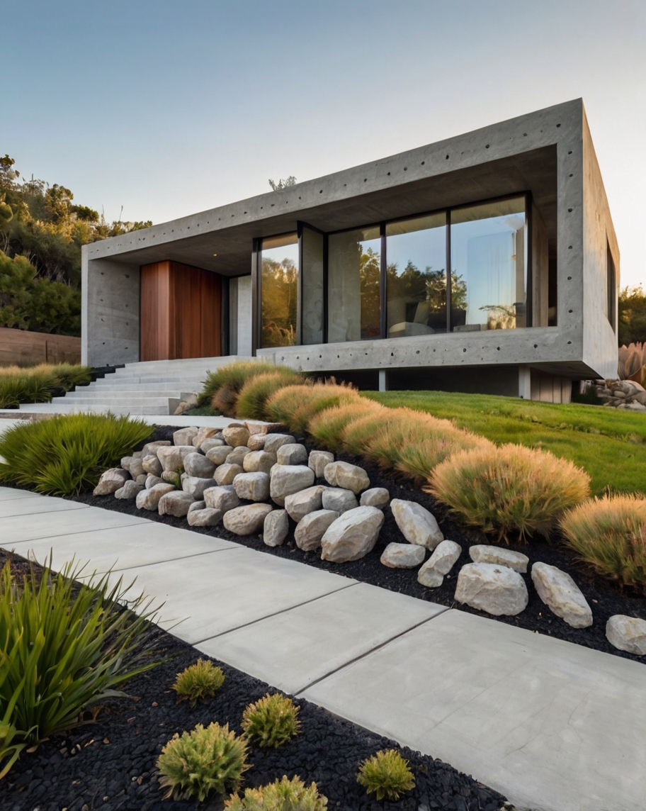 Default minimalist concrete house with front yard rocks garden 3