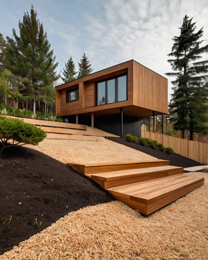 Default minimalist wooden House with Sloped front yard with mu 0