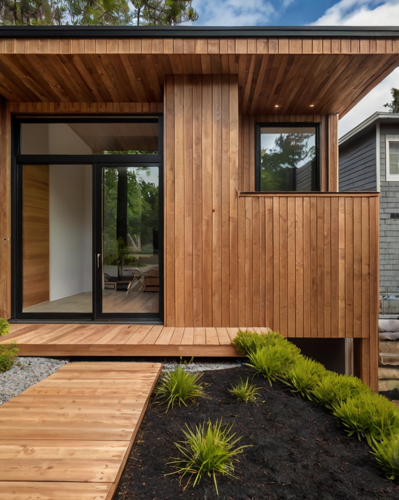 Default minimalist wooden House with Sloped front yard with mu 1