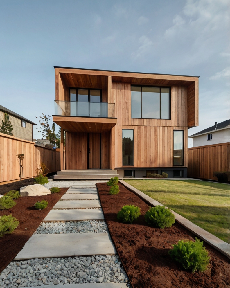 Default minimalist wooden House with Sloped front yard with mu 2