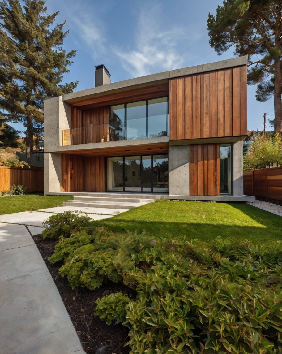 Default wooden concrete house with ground cover front yard 0