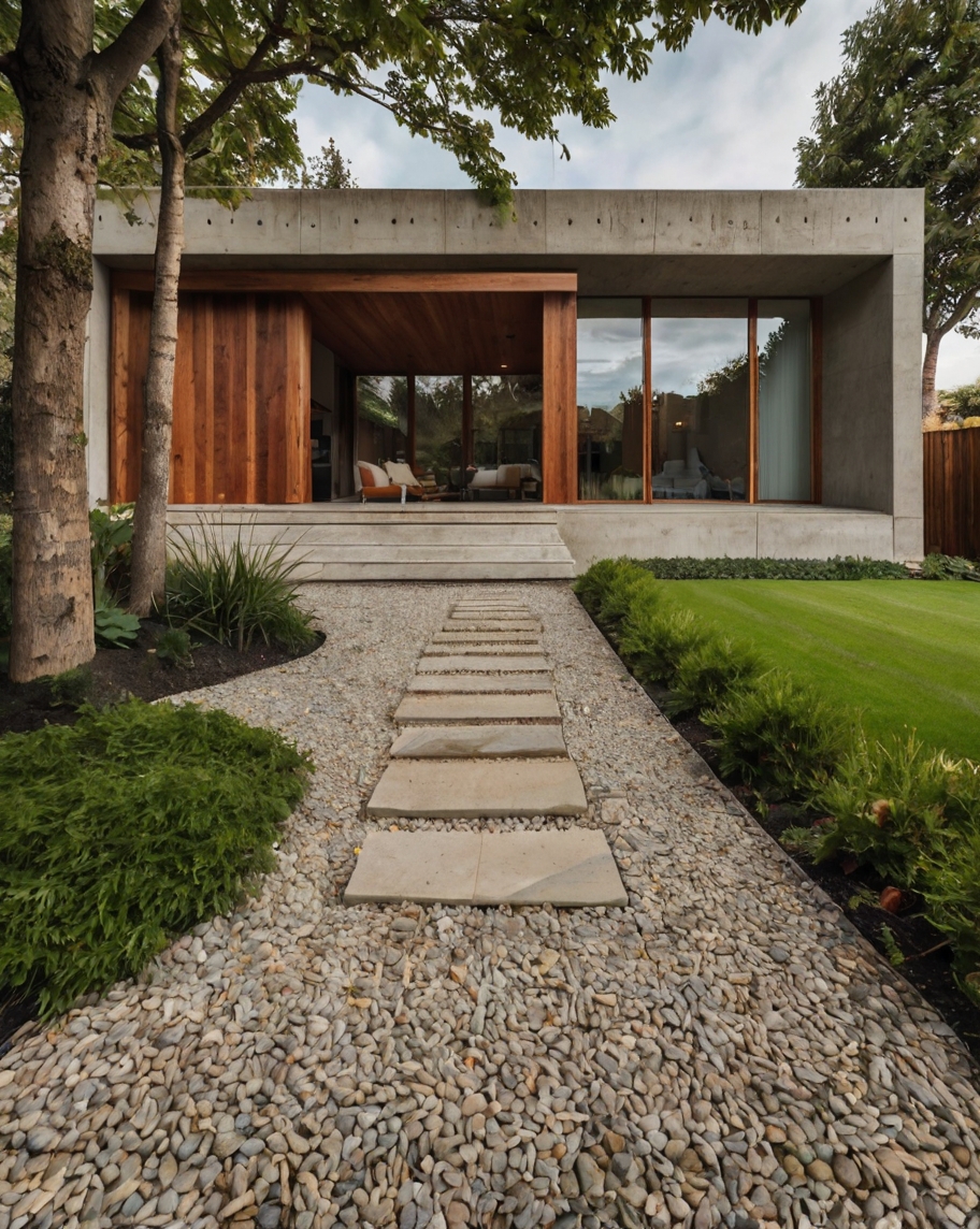 Default wooden concrete house with ground cover front yard 3