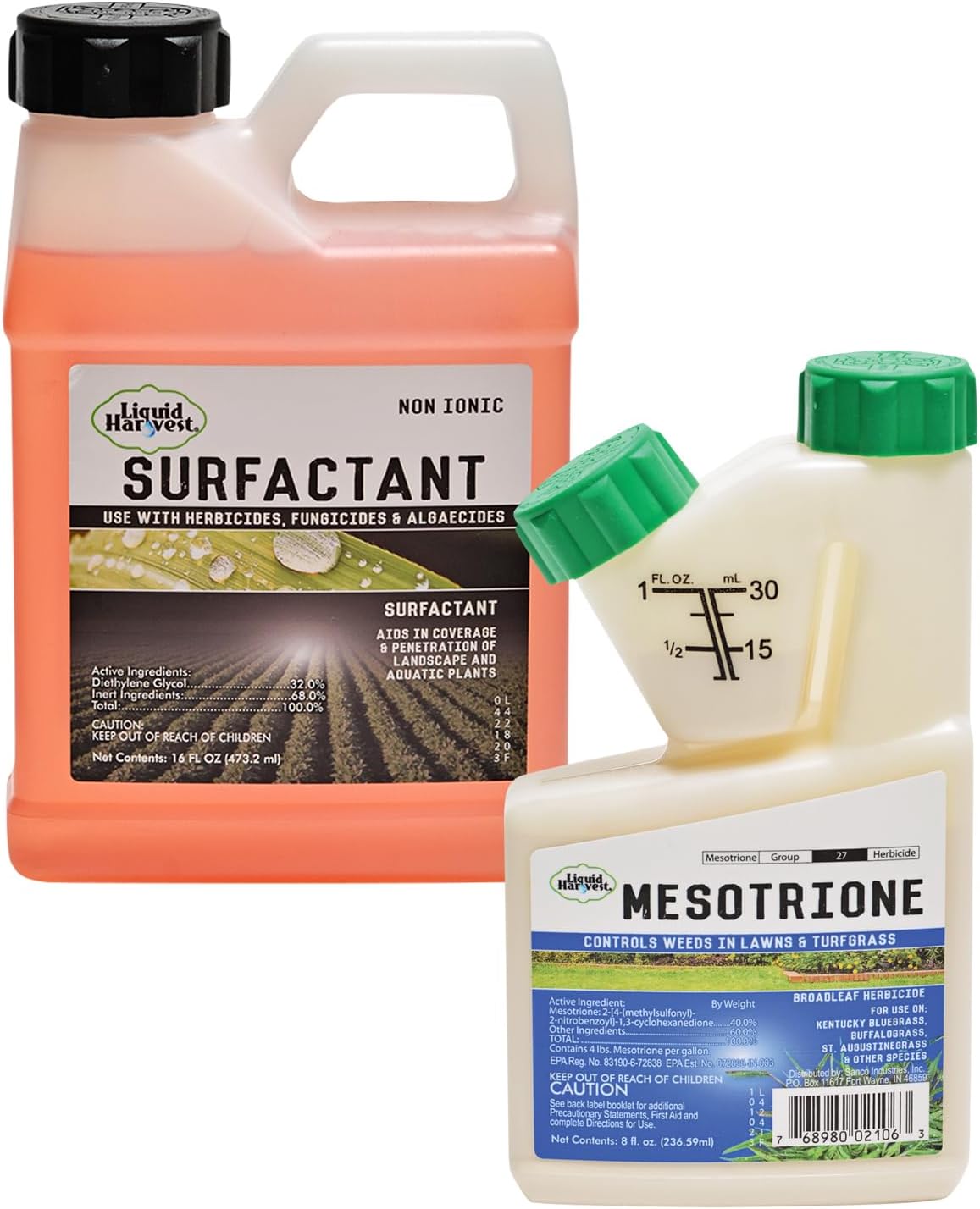 Liquid Harvest Non Ionic Surfactant 16oz and Mesotione 8oz Pre and Post Emergent Weed Killer for Lawn and Turf Grasses