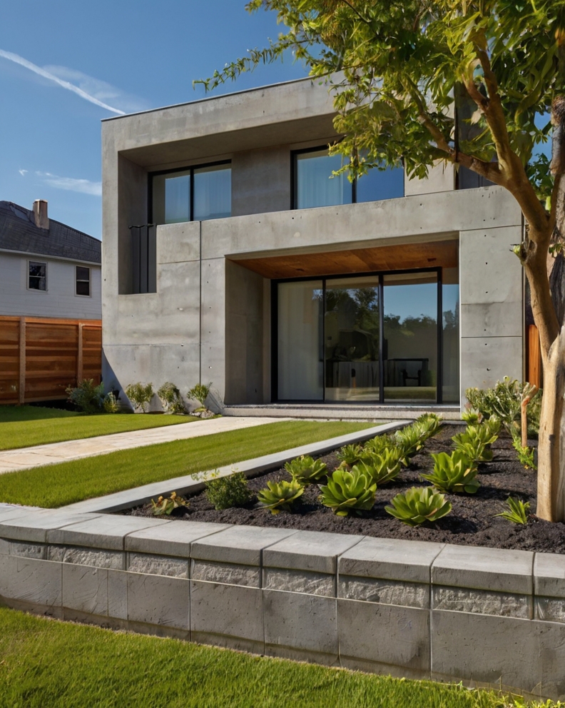 Stock Photography concrete house with Front Yard garden bed an 1