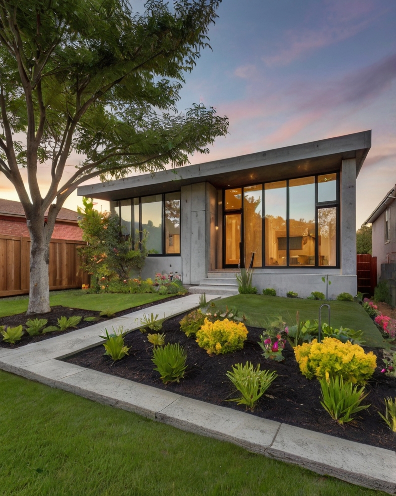 Stock Photography concrete house with Front Yard garden bed an 2