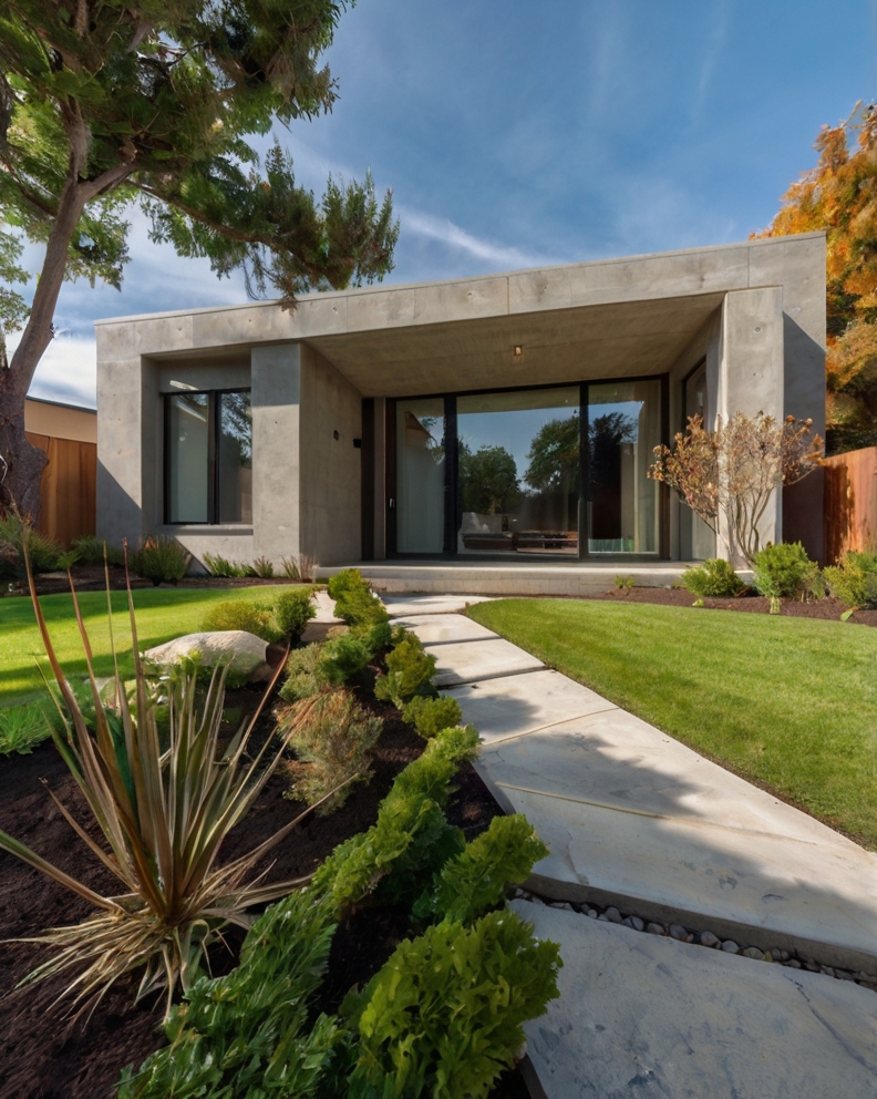 Stock Photography concrete house with Front Yard garden bed an 3