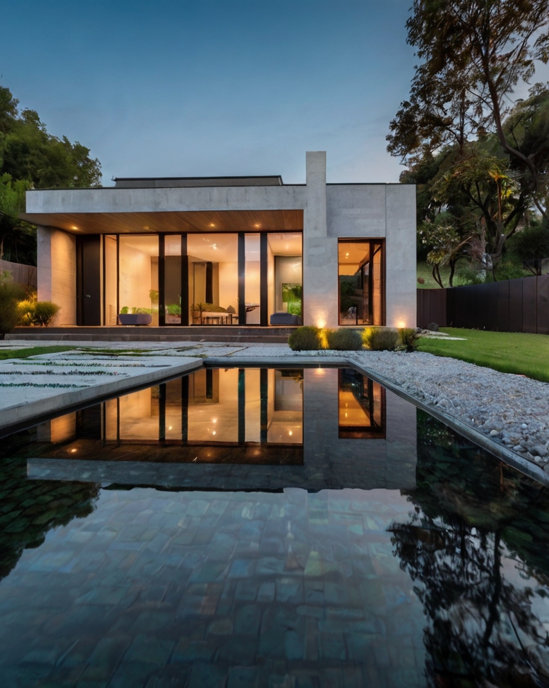 Stock Photography minimalist house with Front Yard and water f 1