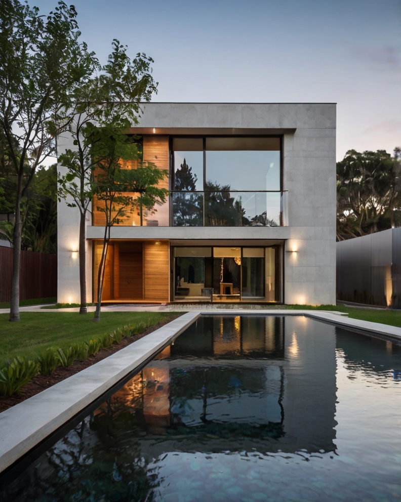 Stock Photography minimalist house with Front Yard and water f 2