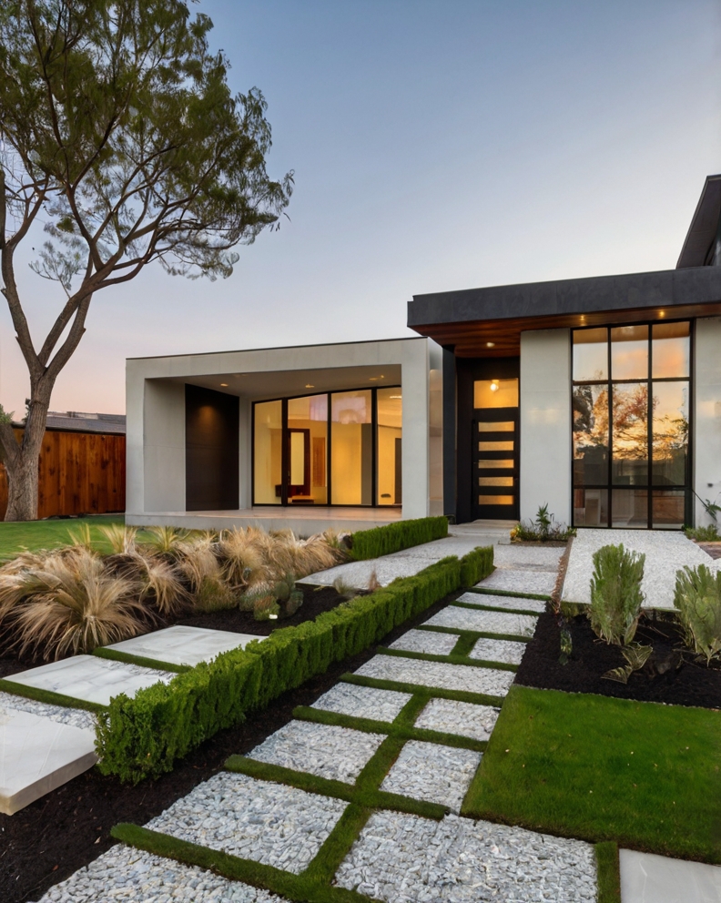 Stock Photography modern house with Front Yard and pathway and 2