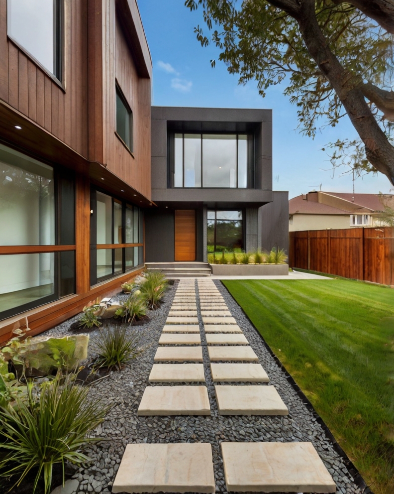 Stock Photography modern house with Front Yard and pathway and 3