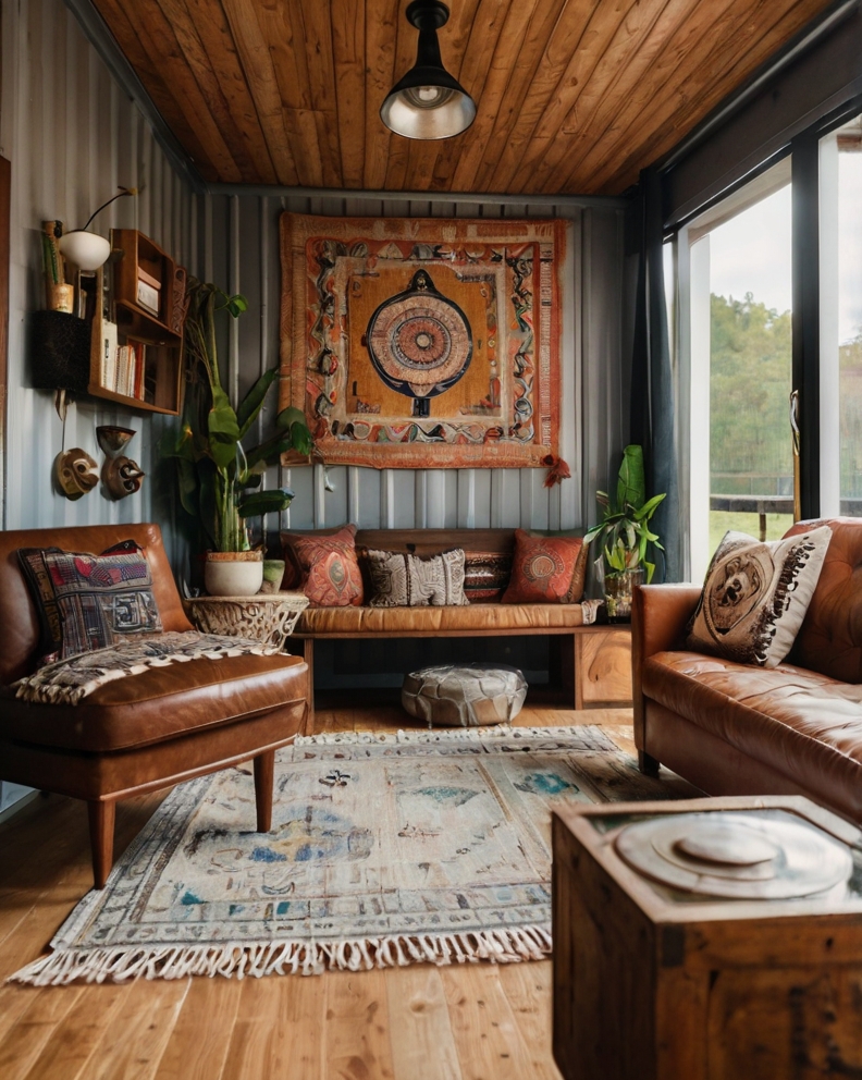 Stock Photography container house with boho living room decor 2