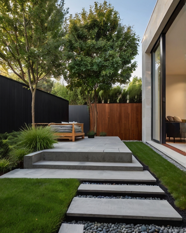 Stock Photography minimalist house with Modern Backyard Landsc 0