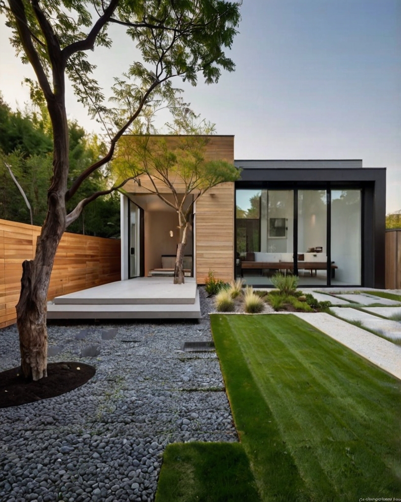 Stock Photography minimalist house with Modern Backyard Landsc 3