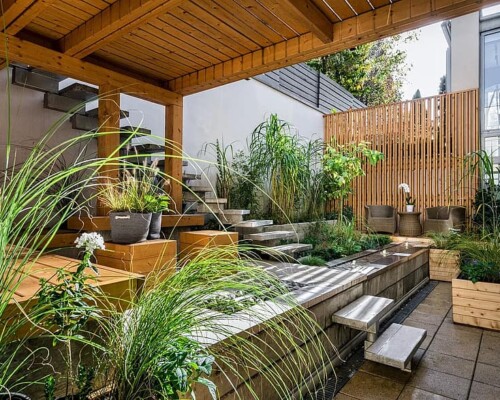 house patio luxury wood seat outdoors backyard contemporary garden